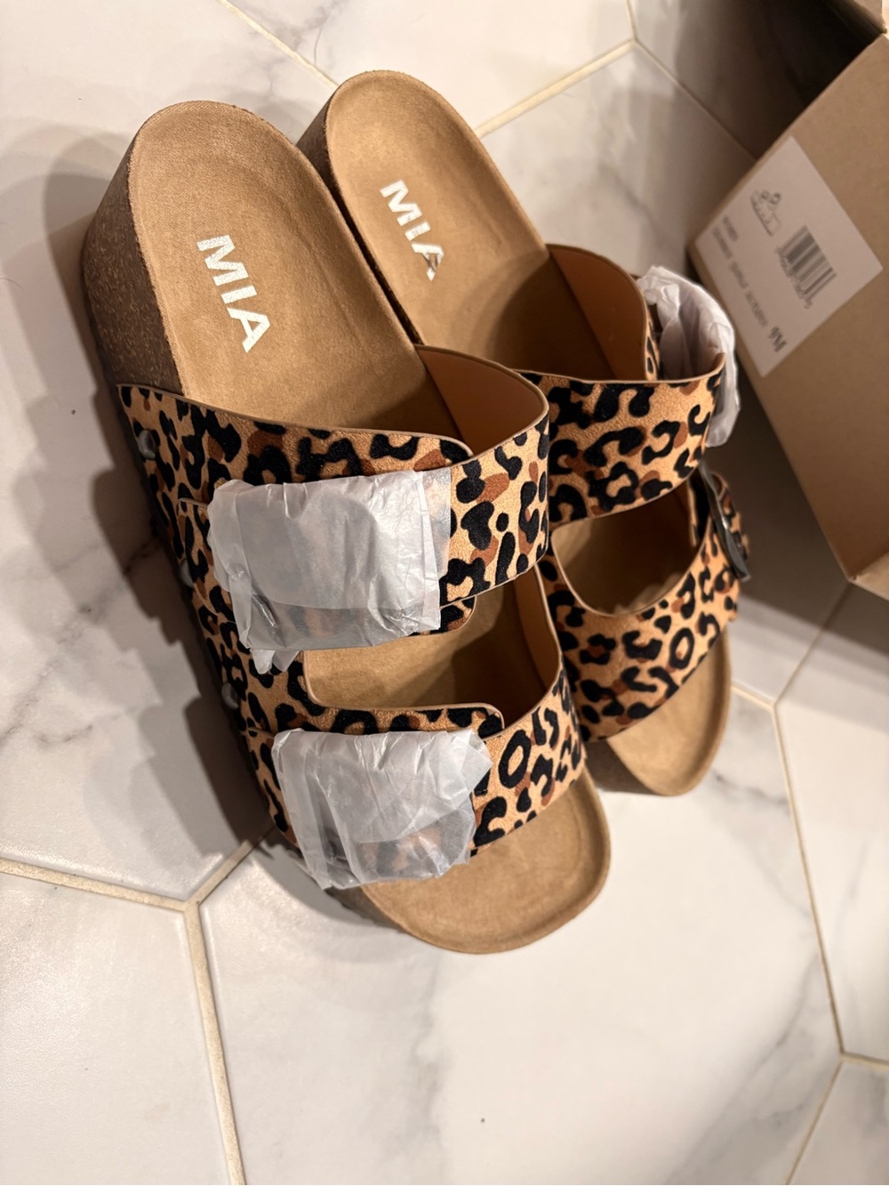 MIA Leopard Print Wedge Clog Sandals in Tan and Black